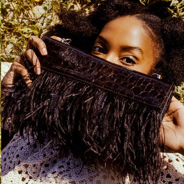 Asha Feather Clutch Bag In Choc Croc